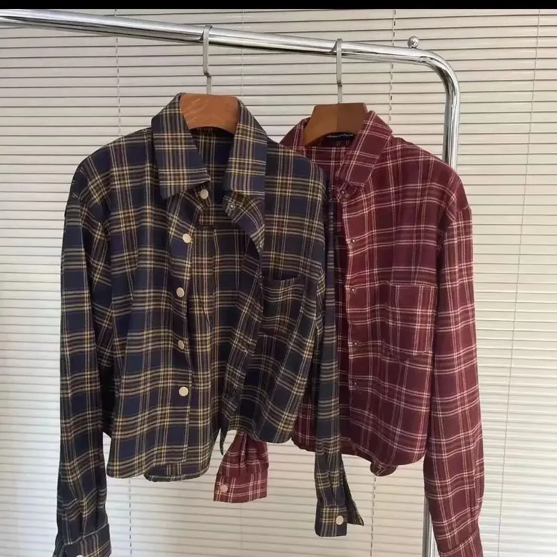 

Plaid Cropped Shirts Women Long Sleeve Camisas Vintage Korean Stylish Preppy All-match Teens Fashion Autumn Casual Minimalist