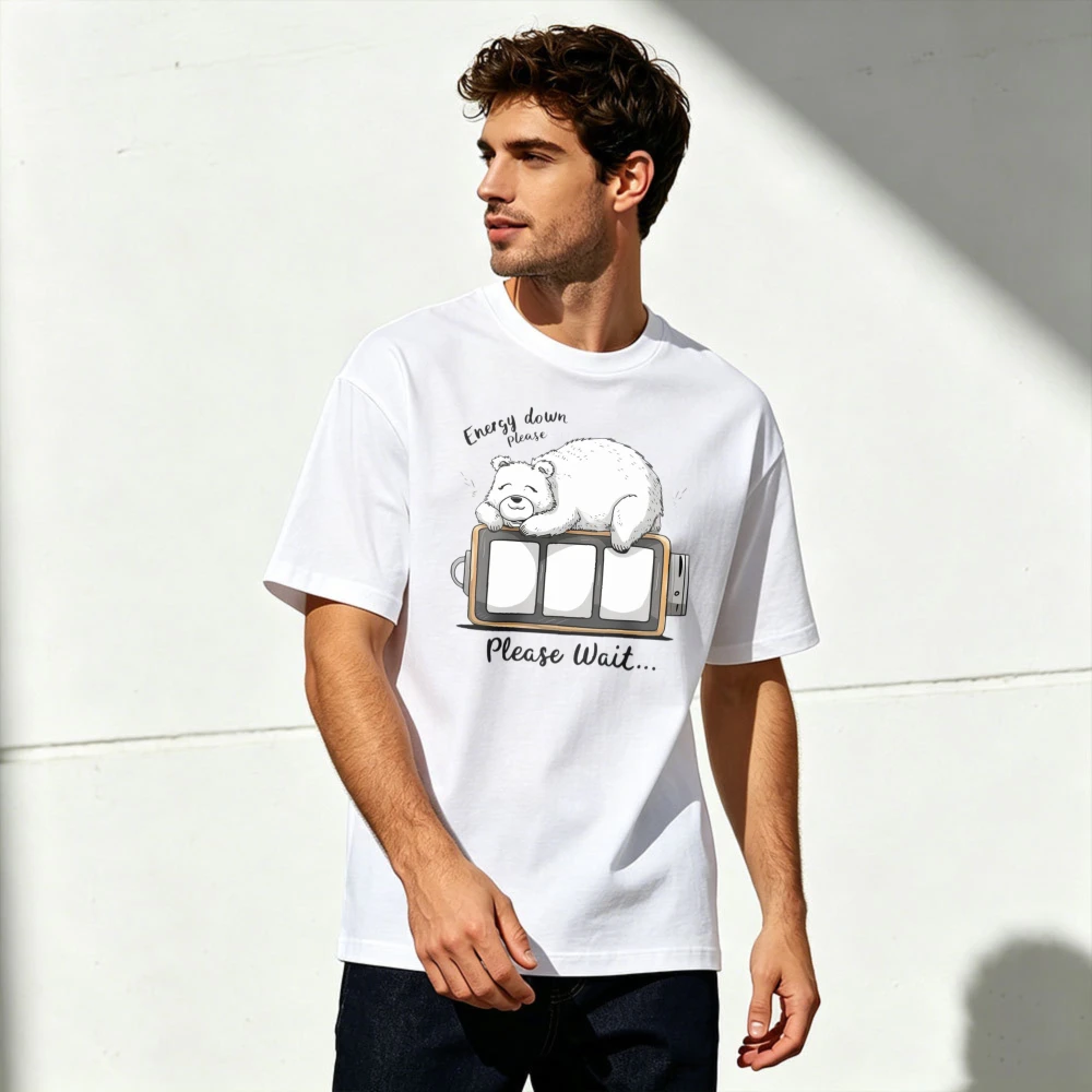 Energy Down Please Sleepy Polar Bear Low Battery Graphic Men Summer Cotton Tshirt Tired Mood Cute Animal Letter Short Sleeve Tee