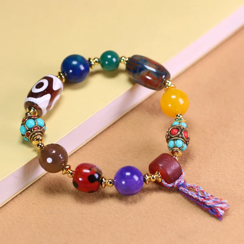 Natural Tibetan Genuine Old Mine Raw Agate Three-Eyed Dzi Bead , Multi-Treasure Bracelet, approximately 14x22mm