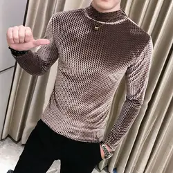 Korean Trend Fashion Autumn Winter New T-shirt Men Solid Mock Neck Simplicity Casual Long Sleeve Slim Pullovers T-Shirts Tops