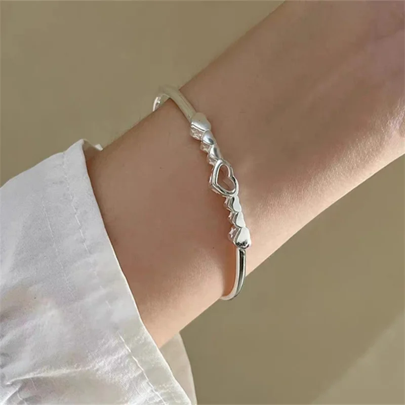 Sweet Hollow Heart Star 999 Fine Silver Sliding Cuff Bracelet Ladies Adjustable Size Silver Bangle Daily Stackable Jewelry