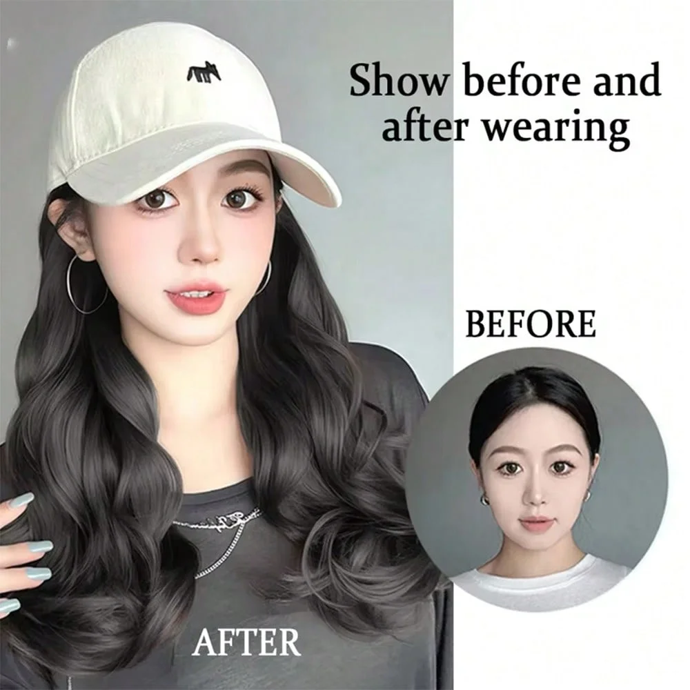 Synthetic Wavy Hat Wig Hair Extensions Hairpiece Brown Baseball Cap with Long Wavy Hair Adjustable Hat Wig for Women Daily Wear