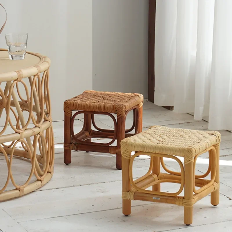 Nordic Ins Rattan Woven Low Stool Retro Homestay Small Bench Art Pastoral Family Child Chair Simple Living Room Stool