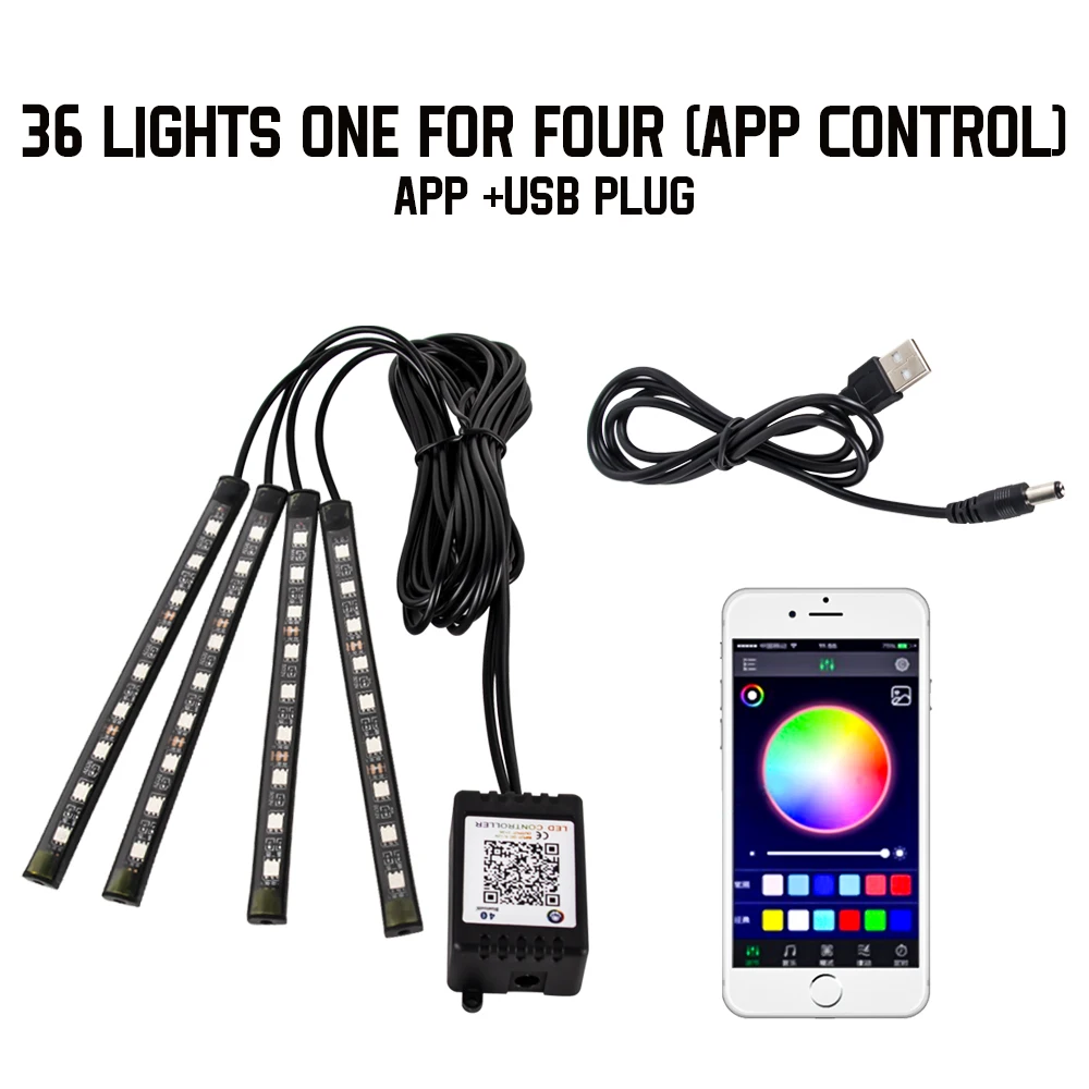 Neon 48 72 LED auto-interieur omgevingsvoetlicht met USB draadloze afstandsbediening muziek app-bediening auto RGB sfeer decoratieve lampen