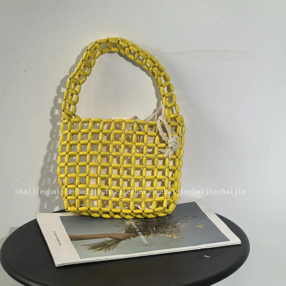 

New Fashionable Women's Bag Handmade Wooden Bead Making Holiday Beach Bead Bags for Women Casual Versatile Ladies Tote Handbag