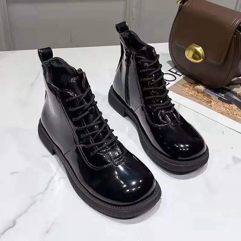 Black Short Shoes for Women Female Ankle Boots Lace-up with Laces Leather Round Toe Footwear Booties Comfortable and Elegant Y2k