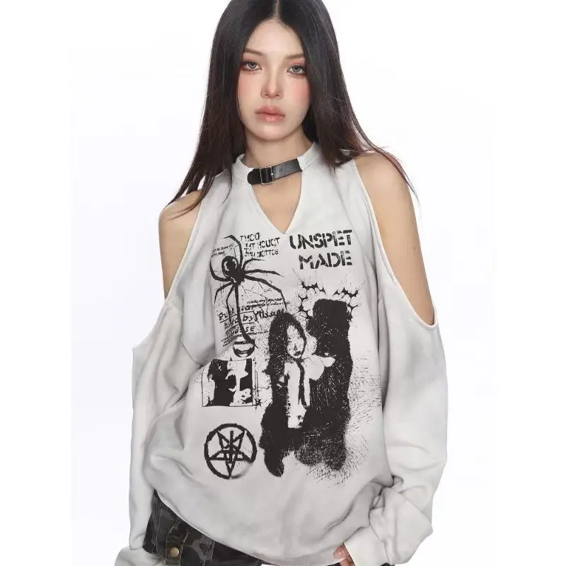 

2000s American Vintage Gothic Women T-shirts Punk Aesthetics Graphic Print Tshirts Harajuku Y2k Tops Hottie Hollowed Design Tees