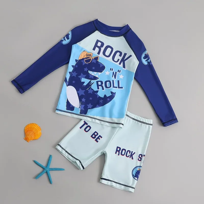 2pc Children Boy Girl Swimsuit Two-piece Swimwear Quick Drying Sun Protection Dinosaur Print Long Sleeves Bathing Suit