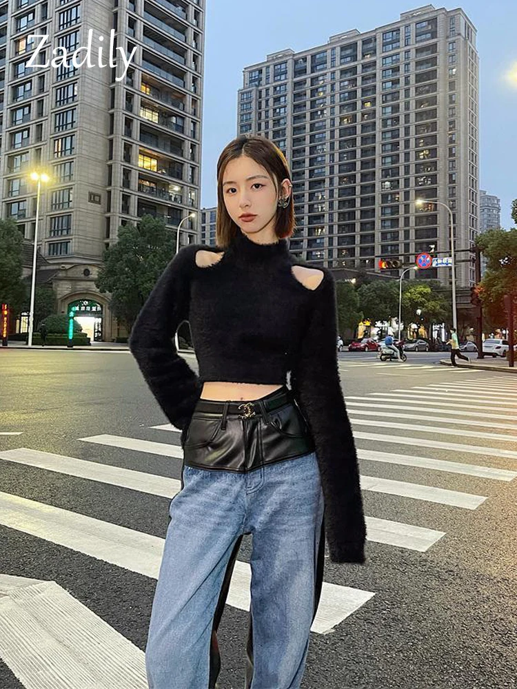 Zadily 2022 Winter Korean Style Slim Long Sleeve Mohair Sweater Women Sexy Backless Bandage Ladies Crop Top Fall Female Pullover