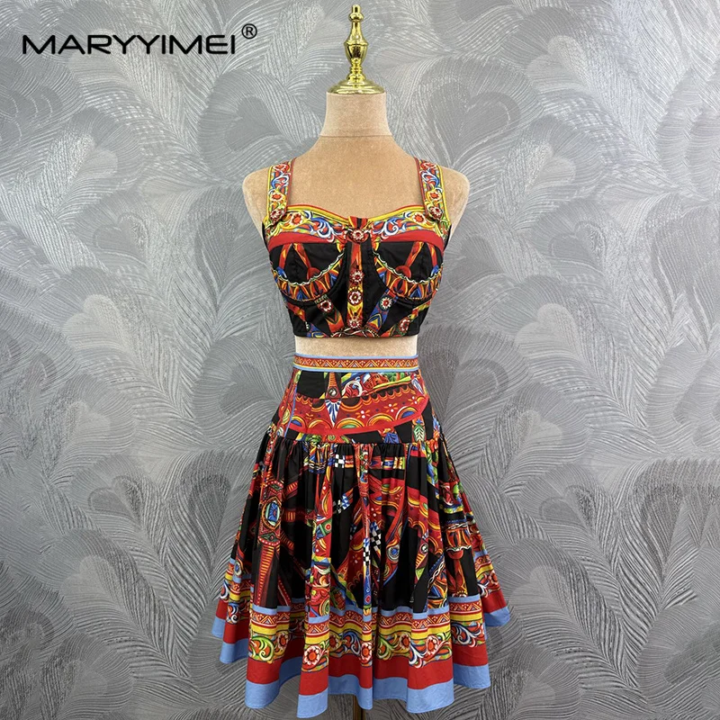 MARYYIMEI Casual printed cotton two-piece square neck sleeveless halter top+skirt set 2026 autumn fashion women's new style
