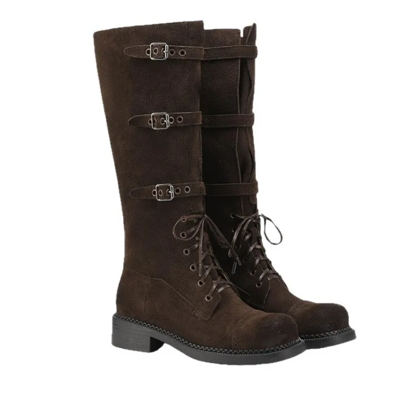 

Сапоги до колена из воловьей кожи в стиле ретро, женские свободные ботинки с мягкой трубкой, тонкие складные модные ботинки с пряжкой на ремне, двусторонняя одежда