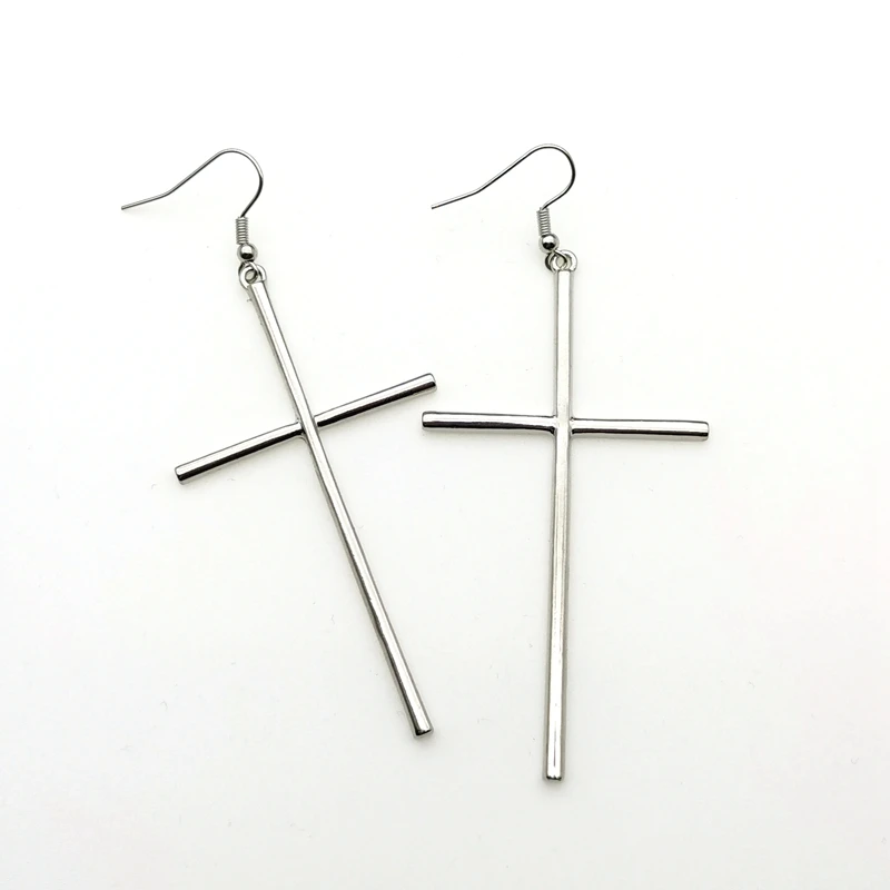 Vintage Goth Gothic Black Silver Colour Big Cross Dangle Drop Earrings Goth Egirl Accessories Jewelry