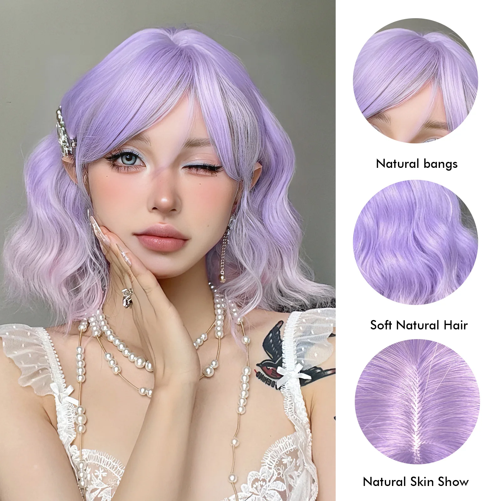 Short Cute Synthetic Wavy Curly Wigs Ombre Purple Hair Wig with Bangs for Girls and Women Daily Cosplay Party Use Heat Resistant