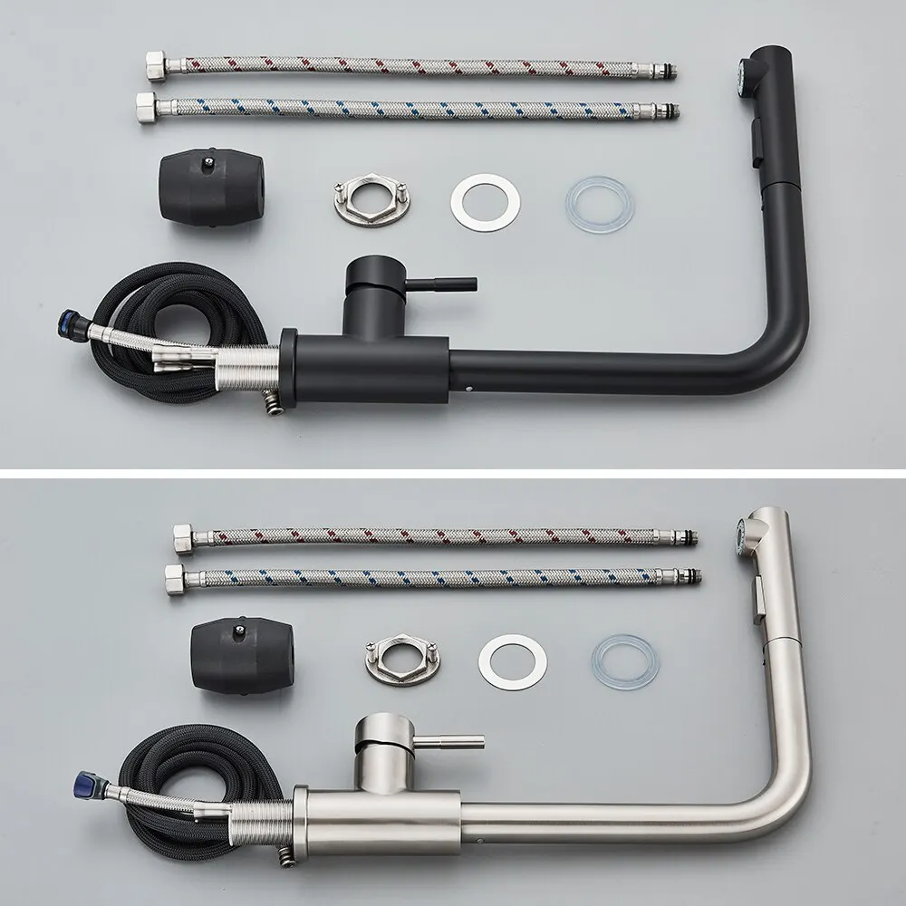 Évier de cuisine flexible à nervures noires, 2 modes, flux et buse de pulvérisateur, acier inoxydable, eau chaude et froide, pont de robinet de centre commercial