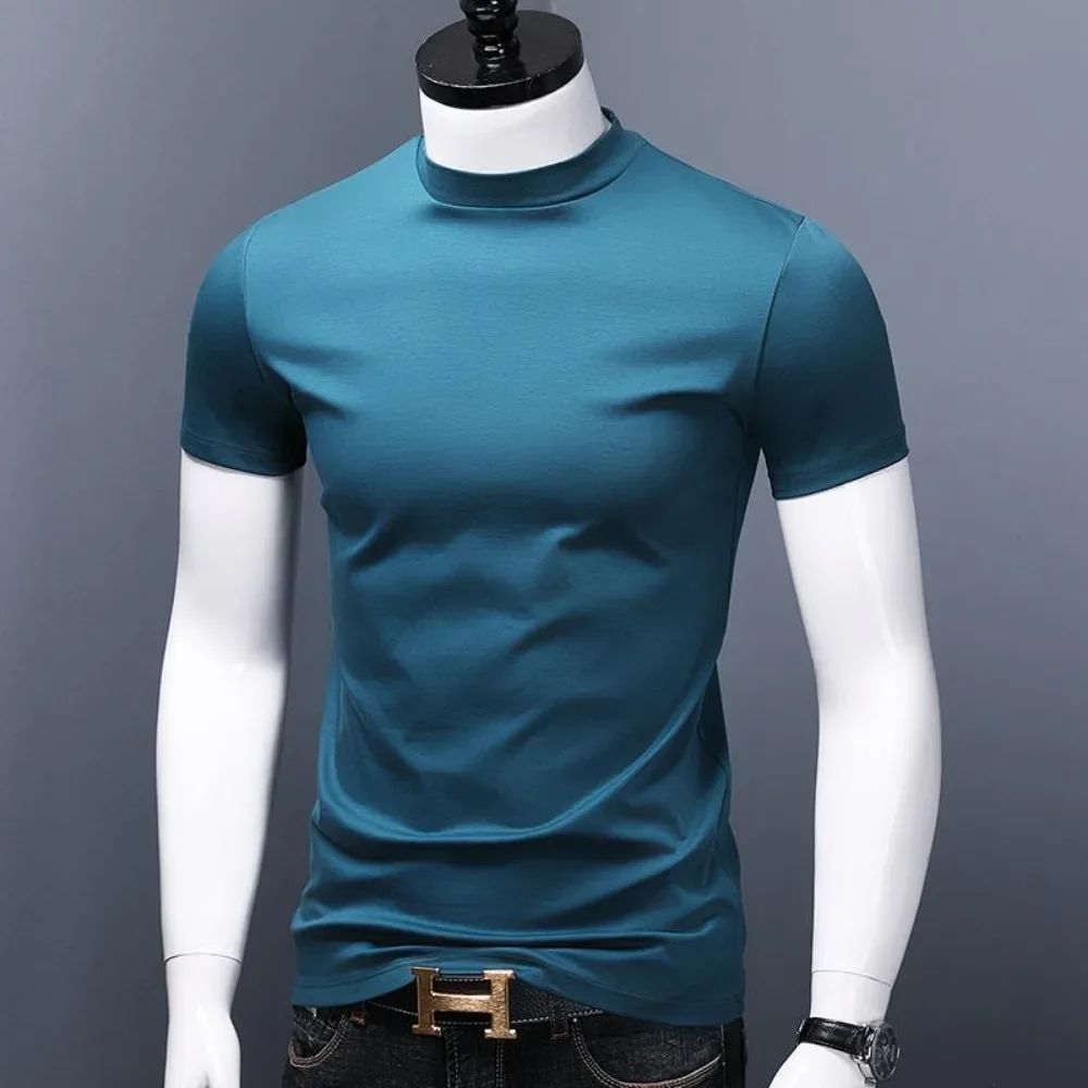 Men\'s Casual Turtleneck T-Shirts Short Sleeve Solid Slim Fit Silk High Neck Tops Inner Wear Trendy Round Neck Base Layer Shirt