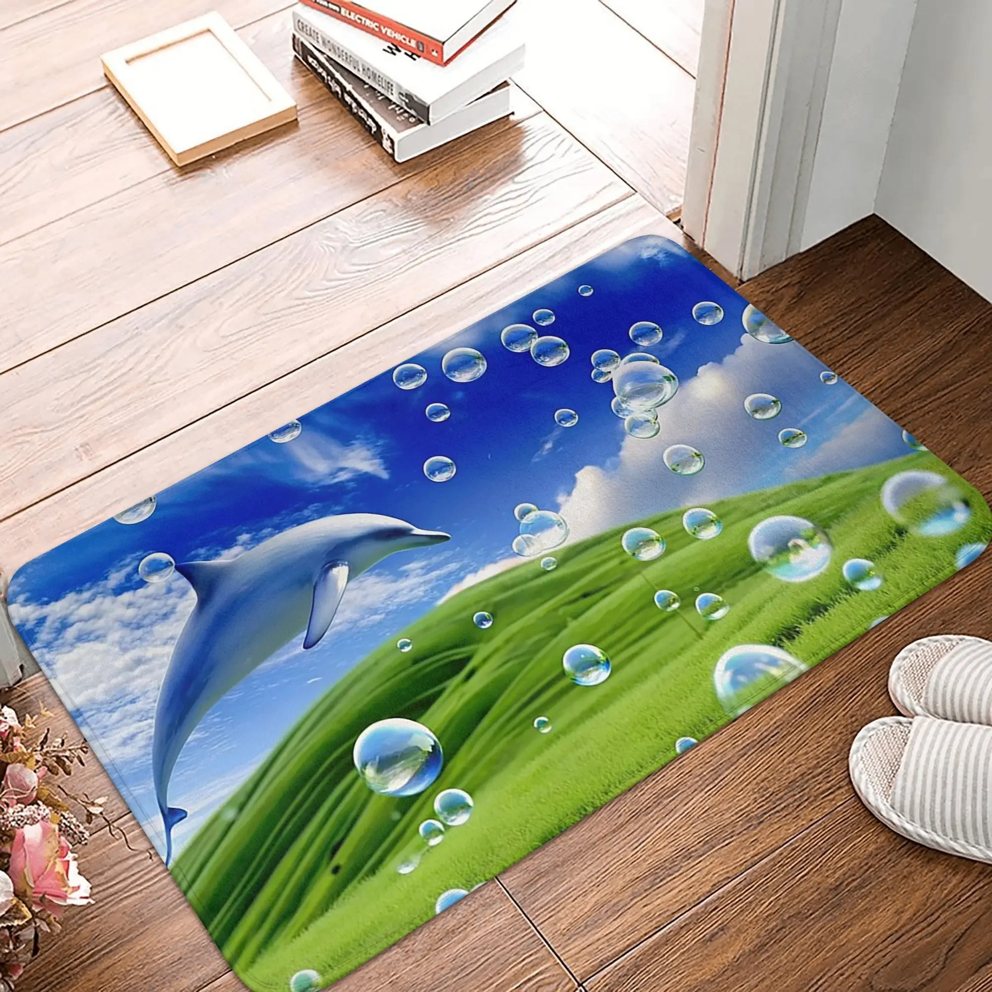 Frutiger Aero Dolphin and Mountains and Sky Anti-slip Doormat Floor Mat Rug for Kitchen Entrance Home Bedroom Footpad Mats