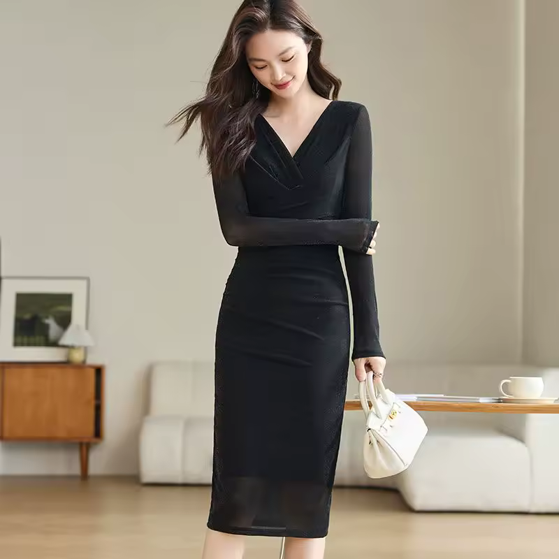 봄 가을 신상 긴팔 메쉬 V넥 펜슬 롱 원피스
