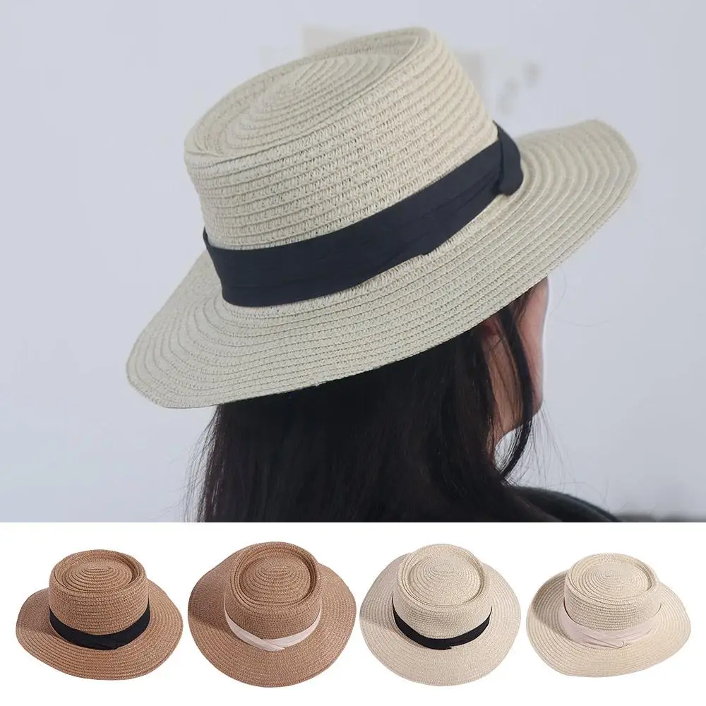 الموضة الكورية نمط القش المنسوجة قبعة حافة مسطحة مقعرة واقية من الشمس قبعة بحافة ظلة واسعة حافة المرأة قبعة الشمس الشاطئ