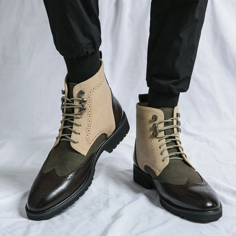 Fashion Men Short Boots Stitching Suede Leather Brogue Carving Classic Casual Ankle Boots Social Business Wedding Dress Shoes image 2