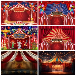 Circus Theme Backdrop Red Tent Ferris Wheel Carousel Hot Air Balloon Baby Birthday Party Photography Background Decor Photo Prop