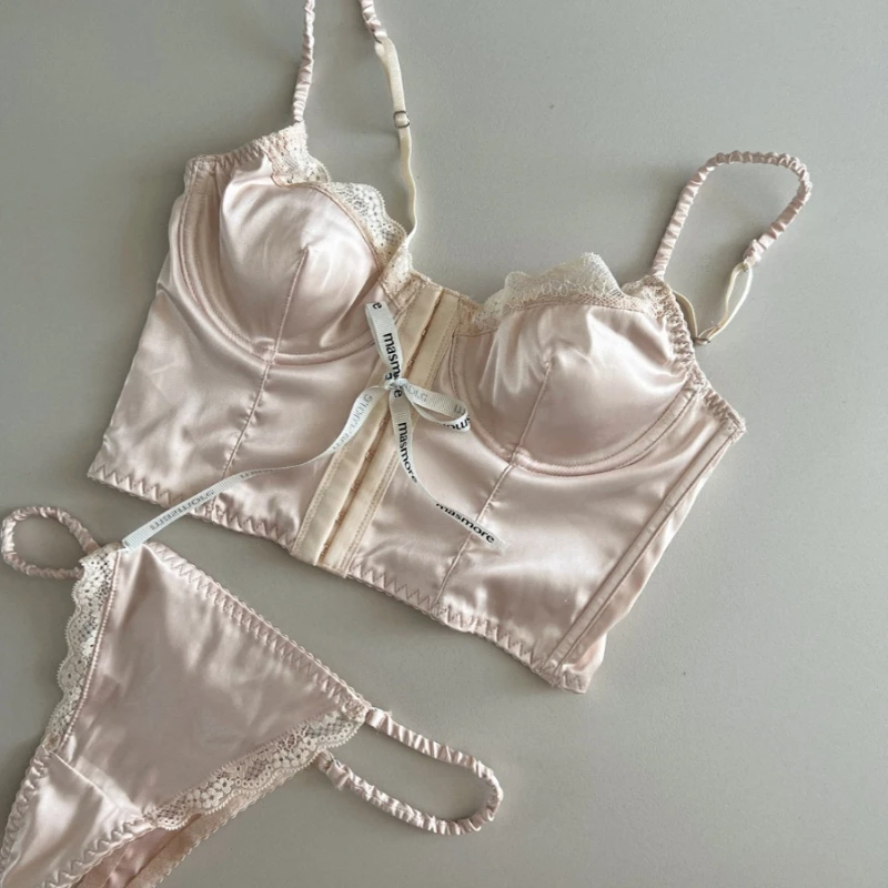 Ropa interior ultrafina de pecho grande para mujer, lencería de malla satinada con huecos de encaje, conjunto de bragas y sujetador de ajuste Sexy, Bralette femenino