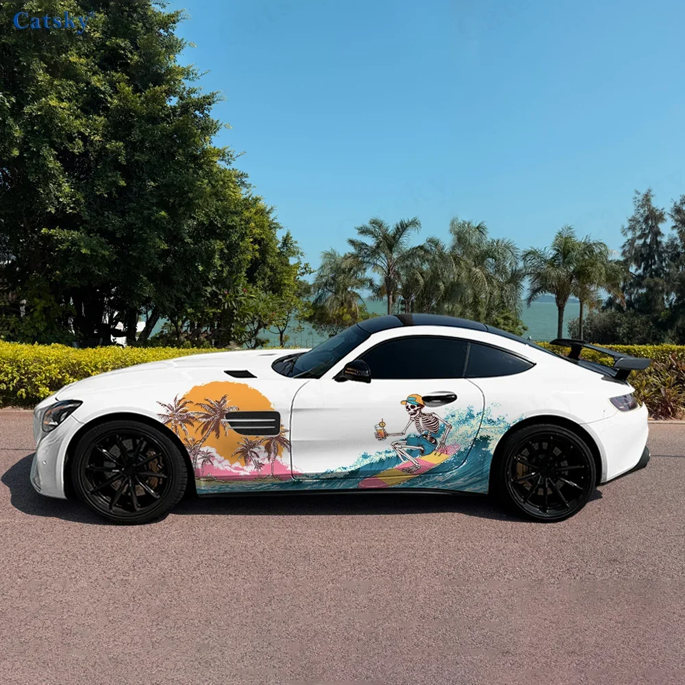 2pcs Skeleton Surfing Sunset Car Vinyl Wraps Decal Self-adhesive PVC Sticker Suitable for Trucks SUV Decoration Auto Accessories