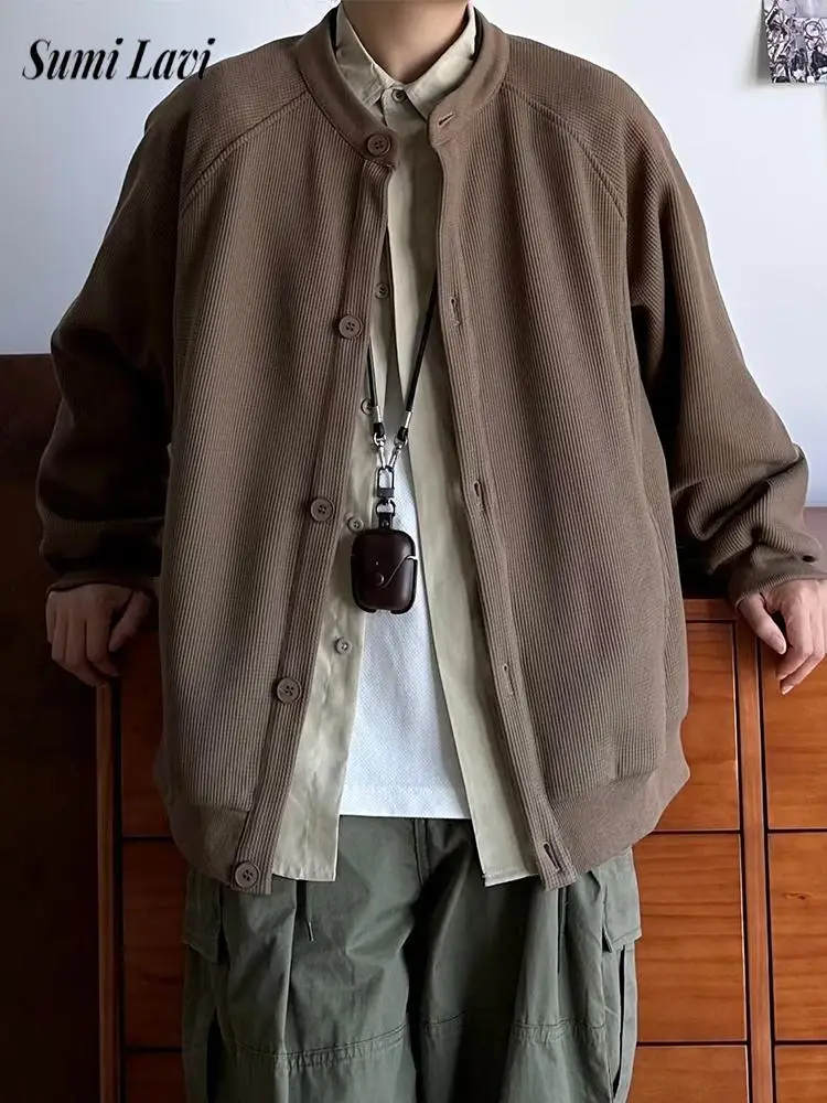 

Trendy Waffle Mens Jackets Spring Autumn Outerwear Vintage Solid Color Buttoned O Neck Coats Men Clothing Streetwear Jacket Coat