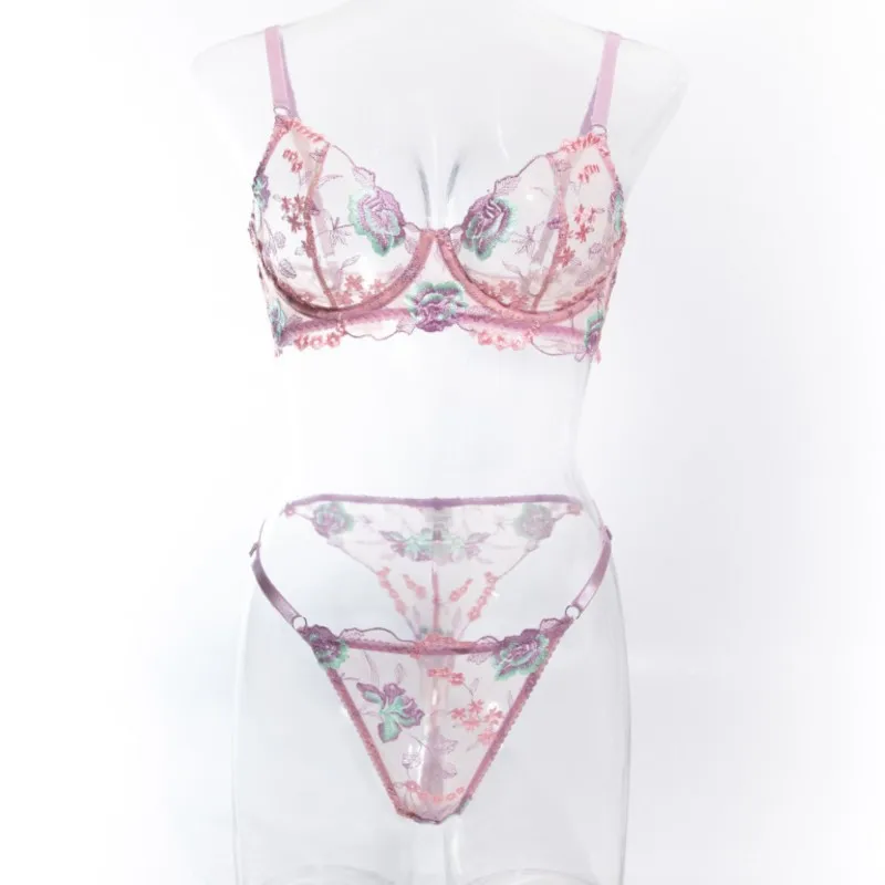 Women Purple Flower Embroidery Sheer Mesh Bra Panty Set Unpadded Thin Underwire Scalloped Lace Date Night Lingerie Gift Set