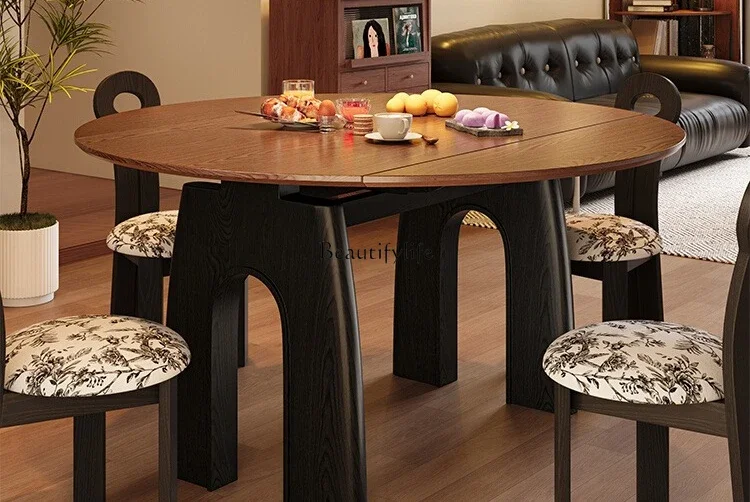 

4*French medieval style pure solid wood can be square and round dual-purpose walnut round table retractable dining table