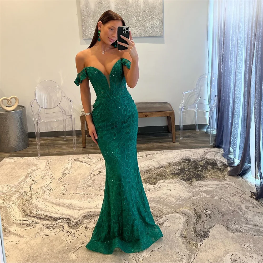 Off the Shoulder Sweetheart Mermaid Evening Dresses Lace Embroidery Sleeveless Corset Formal Prom Gown Long Ball Gowns for Women