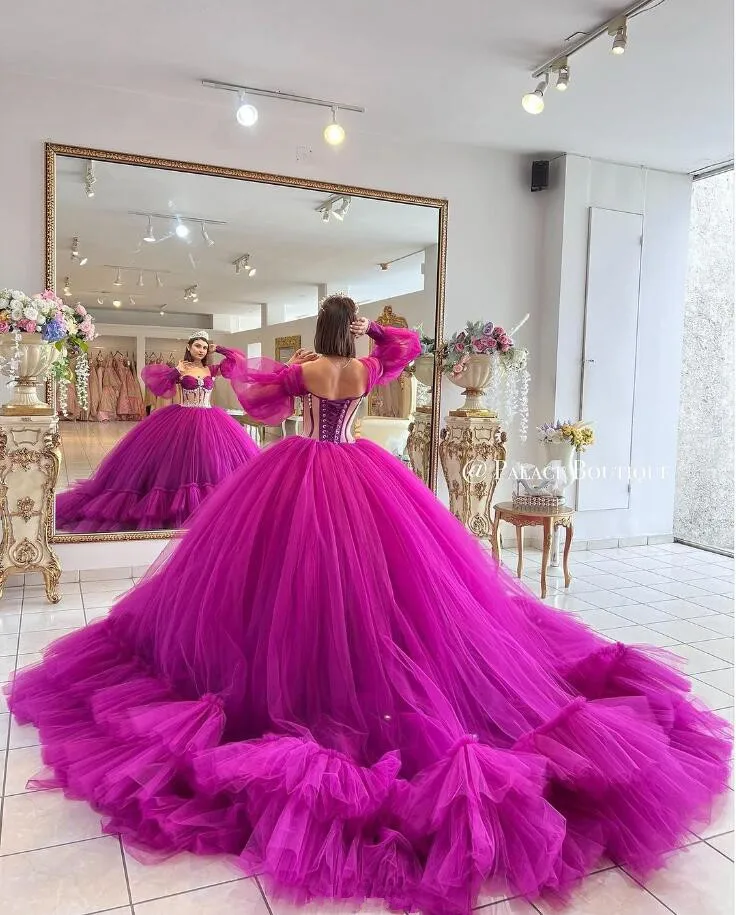 Vestido de quinceañera de princesa fucsia, manga con hombros descubiertos, escote Corazón, quinceañera, dulce 16, graduación, cordones