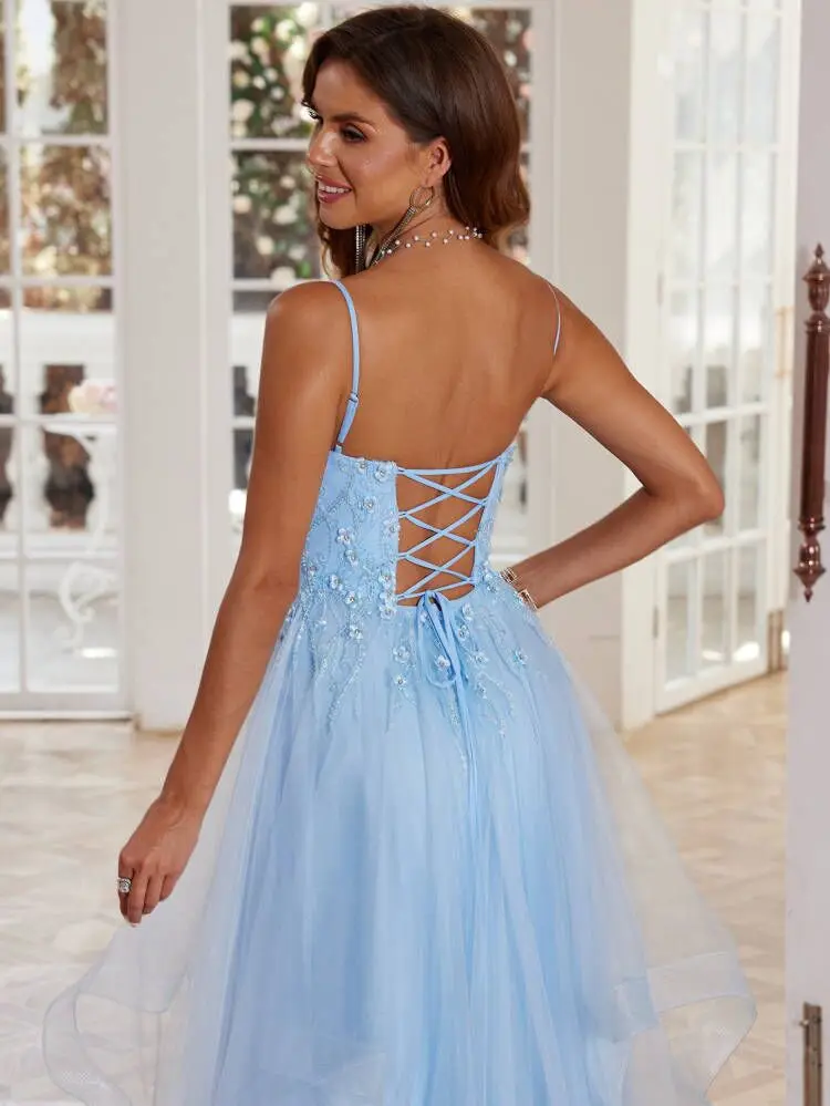 Tulle Prom Dresses For Teens V Neck Appliques Asymmetric Spaghetti Straps Ball Gown Beaded Evening Gowns For Women Formal