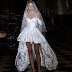 Toofgon 2 Pieces Short Front Long Back Wedding Dresses For Bride Taffeta Pleat Off The Shoulder Formal Bridal Gowns Customized