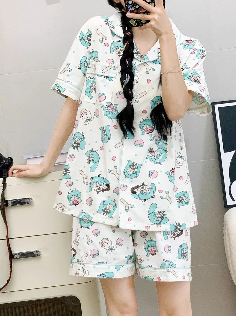 夏初音ミクパジャマセット女性用半袖パジャマ-2-点セットかわいい漫画パターン快適なミク部屋着