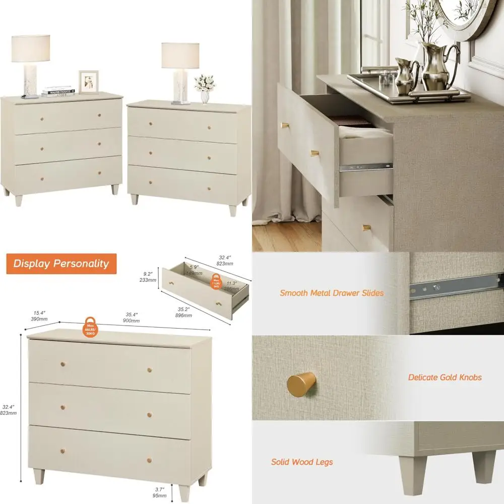 Modern 2-Piece Wood Nightstand Set with 3 Drawers, Bedroom Furniture, Wide Side Tables for Sofa and Bedside