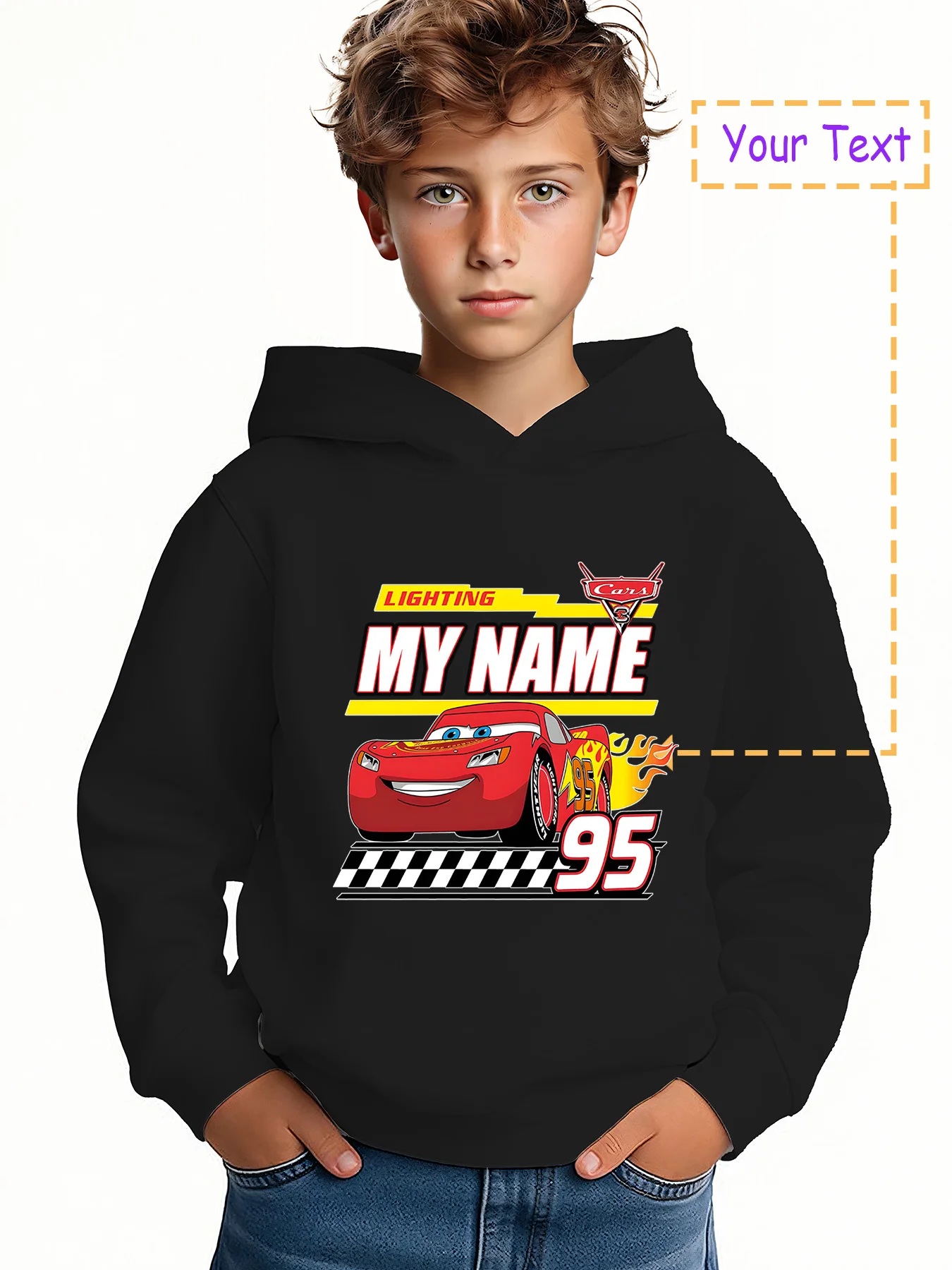 

MINISO Lightning McQueen custom-designed boys' hoodie - Officially licensed from Disney, featuring classic racing elements