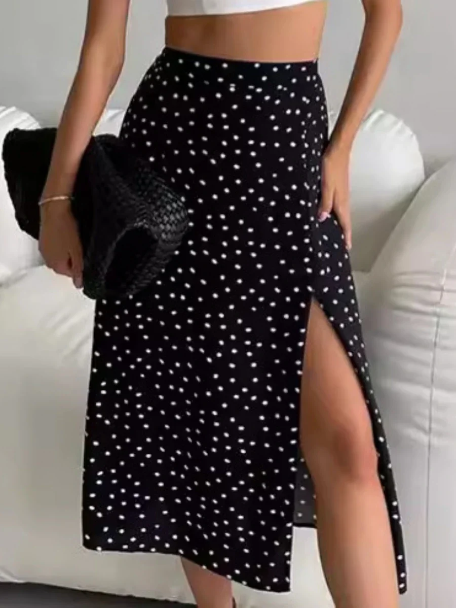 Bornladies Women's French Polka Dot High Waisted Skirt Fashionable Commuting Versatile Female Printed Sexy Slit Long Skirt