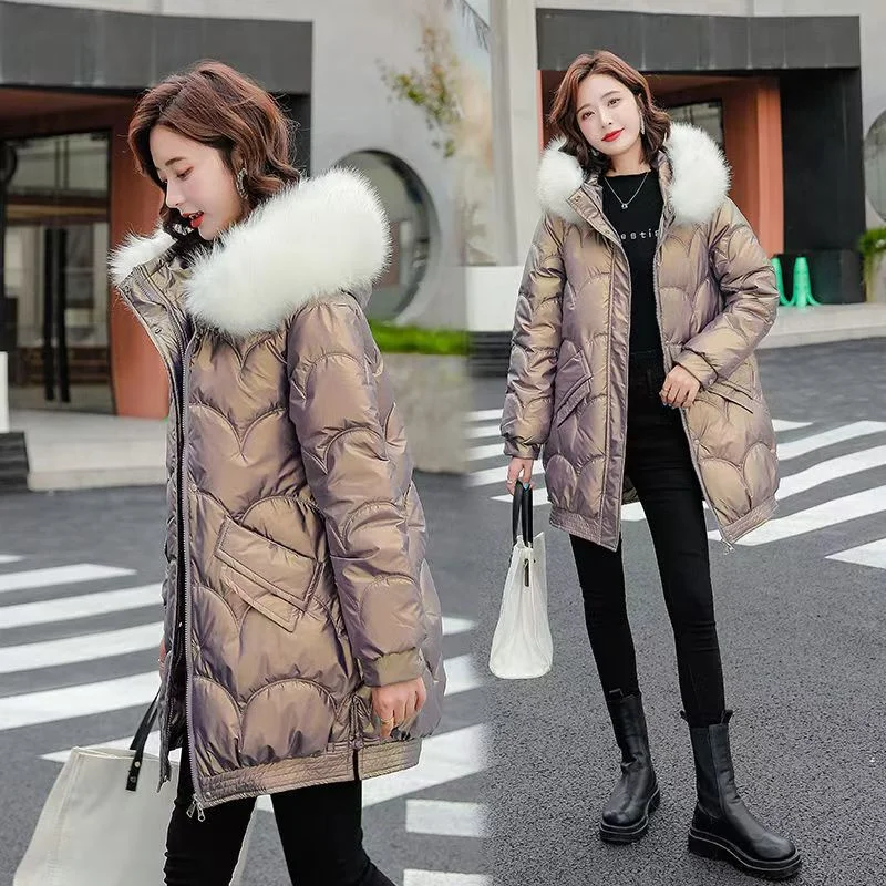 Bright Wash-free Cotton-padded Coat Women's Winter 2024 New Cotton-padded Big Fur Collar Thickened Fashion Of The Long Coat Tide