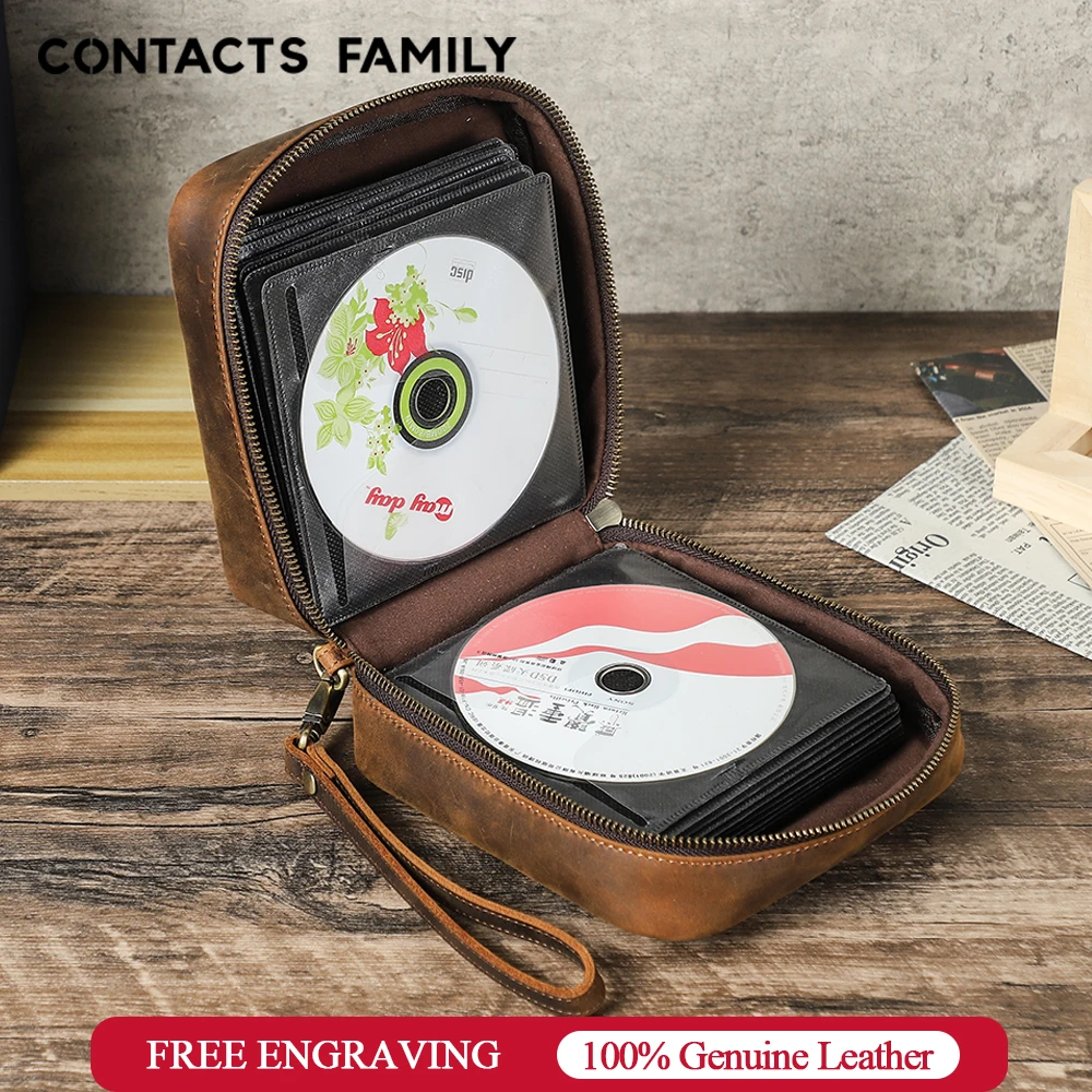 CONTACTS FAMILY Genuine Leather 52 Discs Portable CD DVD Holder Case Album Organizer Media Storage Box Zipper CD Sleeve Bag