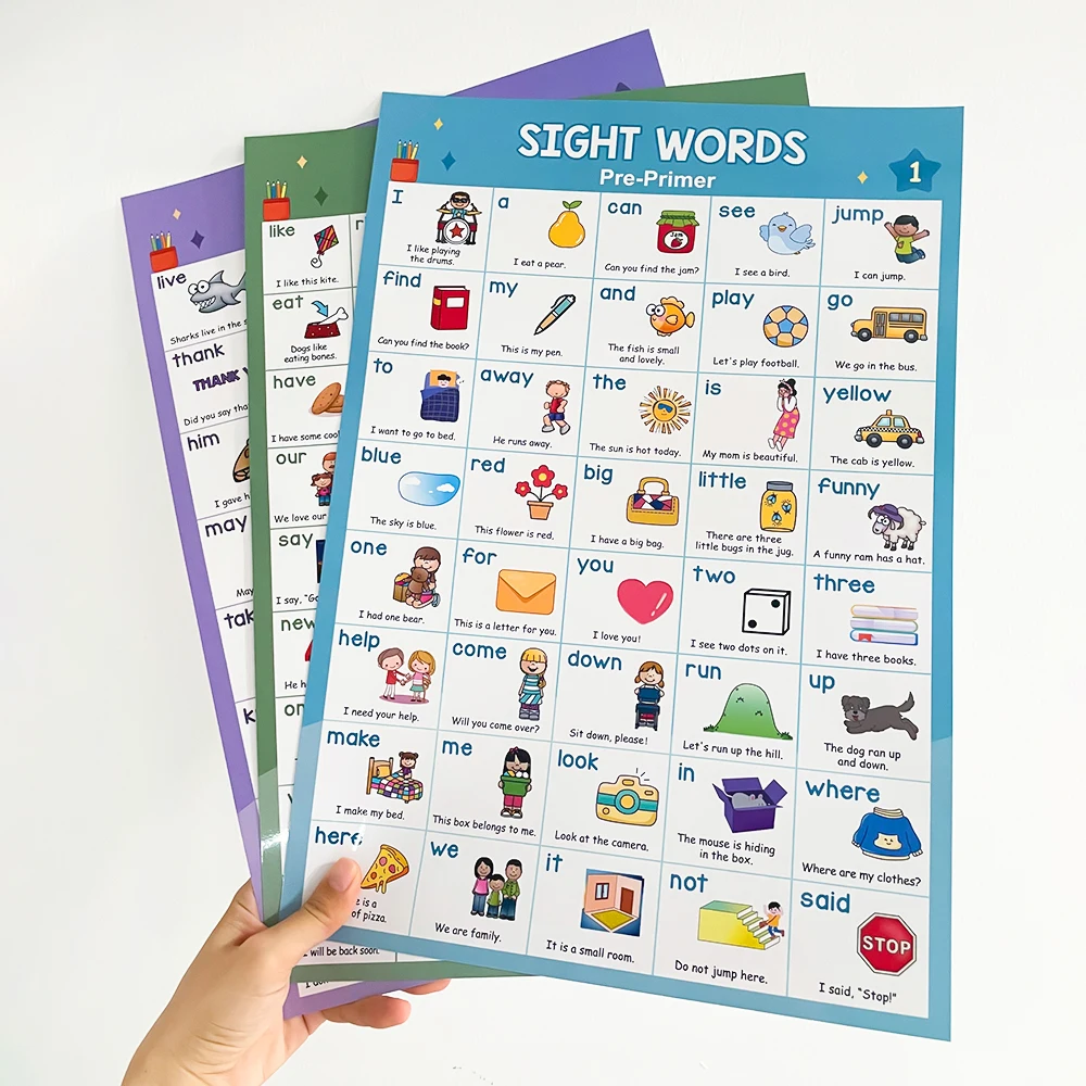 6 PCS English 220 Sight Words & Word Families A3 Posters Learning Words Education Chart Classroom Decoration for Kid Preschool