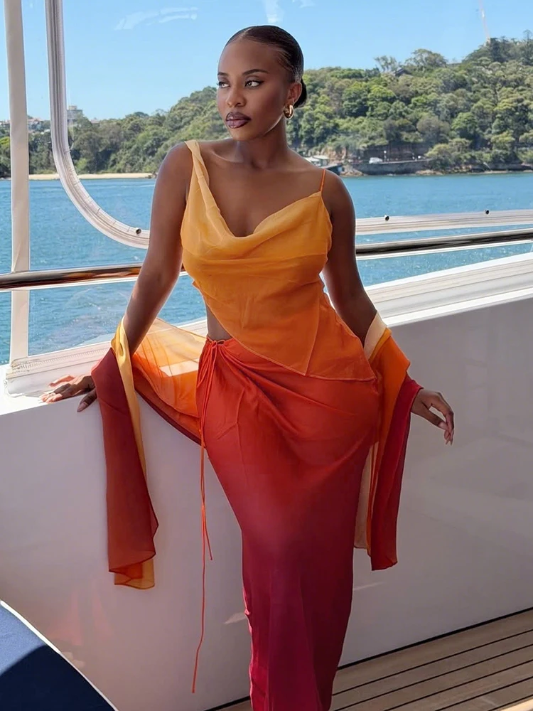 

Kliou Beach Party Style 2 Piece Set Woman Low-Neck Backless Irregular Shape Camisole+Lace-Up Waist See Through Long Skirts Suits