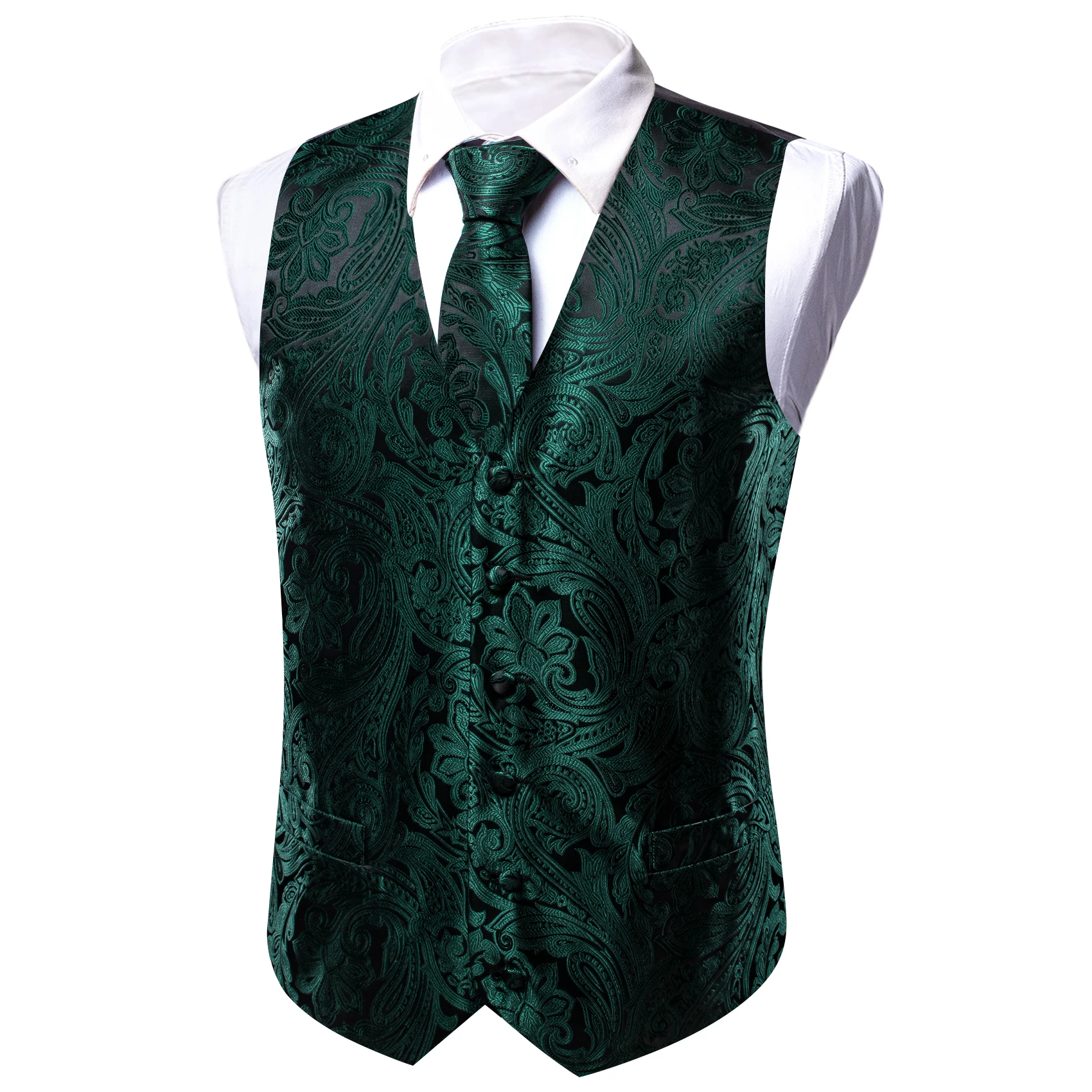 Men Vintage Floral Jacquard V Neck Suit Vest 4 Pieces Set Waistcoat with Matching Tie Pocket Square Cufflinks Formal Wedding