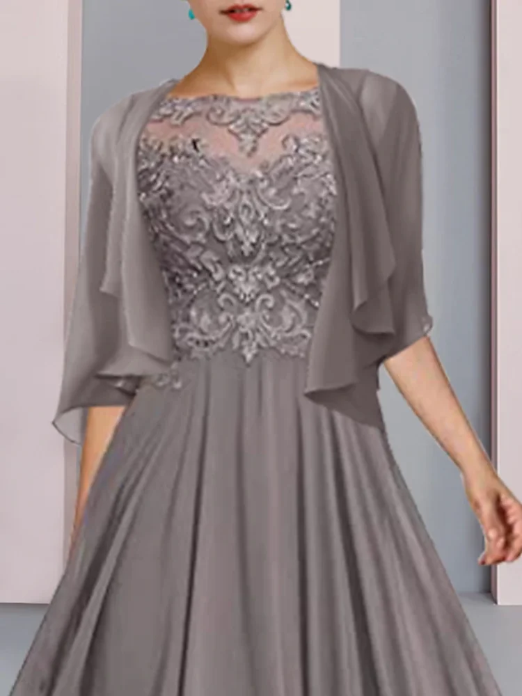 A-Line Mother of the Bride Dress Formal Wedding Guest Neck Floor Length Chiffon Lace Half Sleeve Wrap Included with Pleats