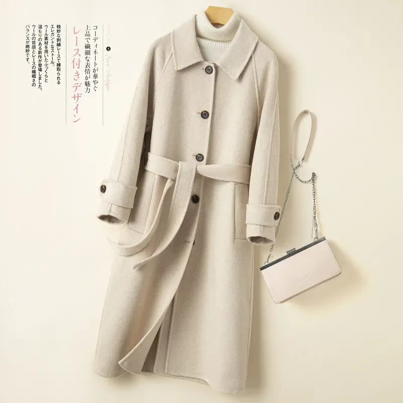 

100% Pure Wool Woolen Coat Women 2025 Autumn Winter Wool Overcoat Two-sided Cashmere Jackets Belt Black Outwear Female Clothes
