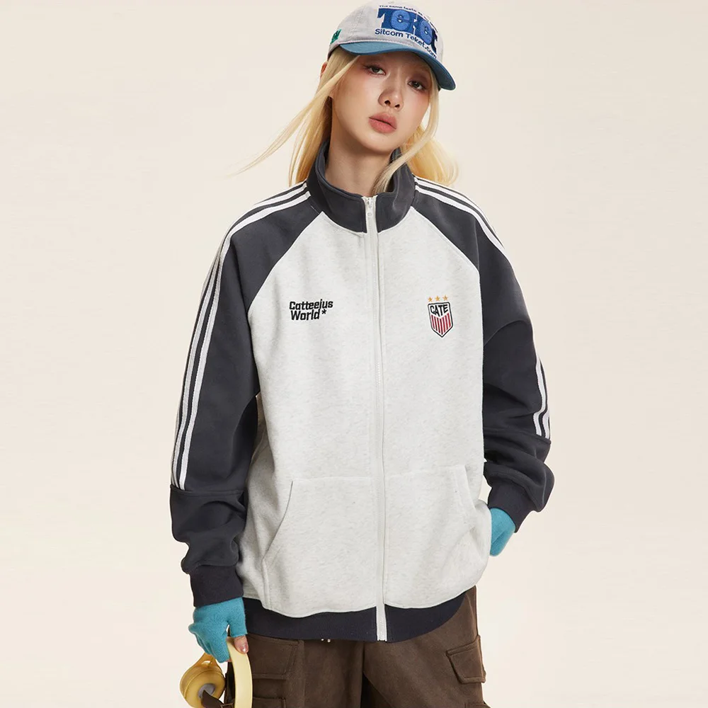 

Men Women Embroidery Splice Stand Collar Streetwear Fashion Loose Casual Vintage Sport Baseball Jacket Couple Coat Outerwear
