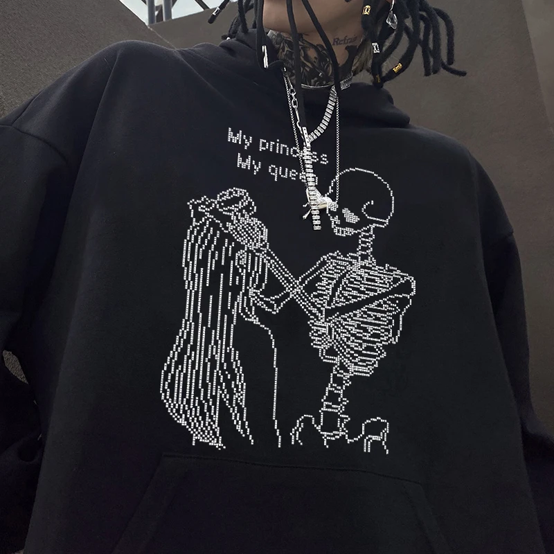 Hooded Sweatshirt Women Butterfly Gothic Skull Print Casual Oversize Hip-hop Couple Streetwear Pullovers Women Sweatshirt