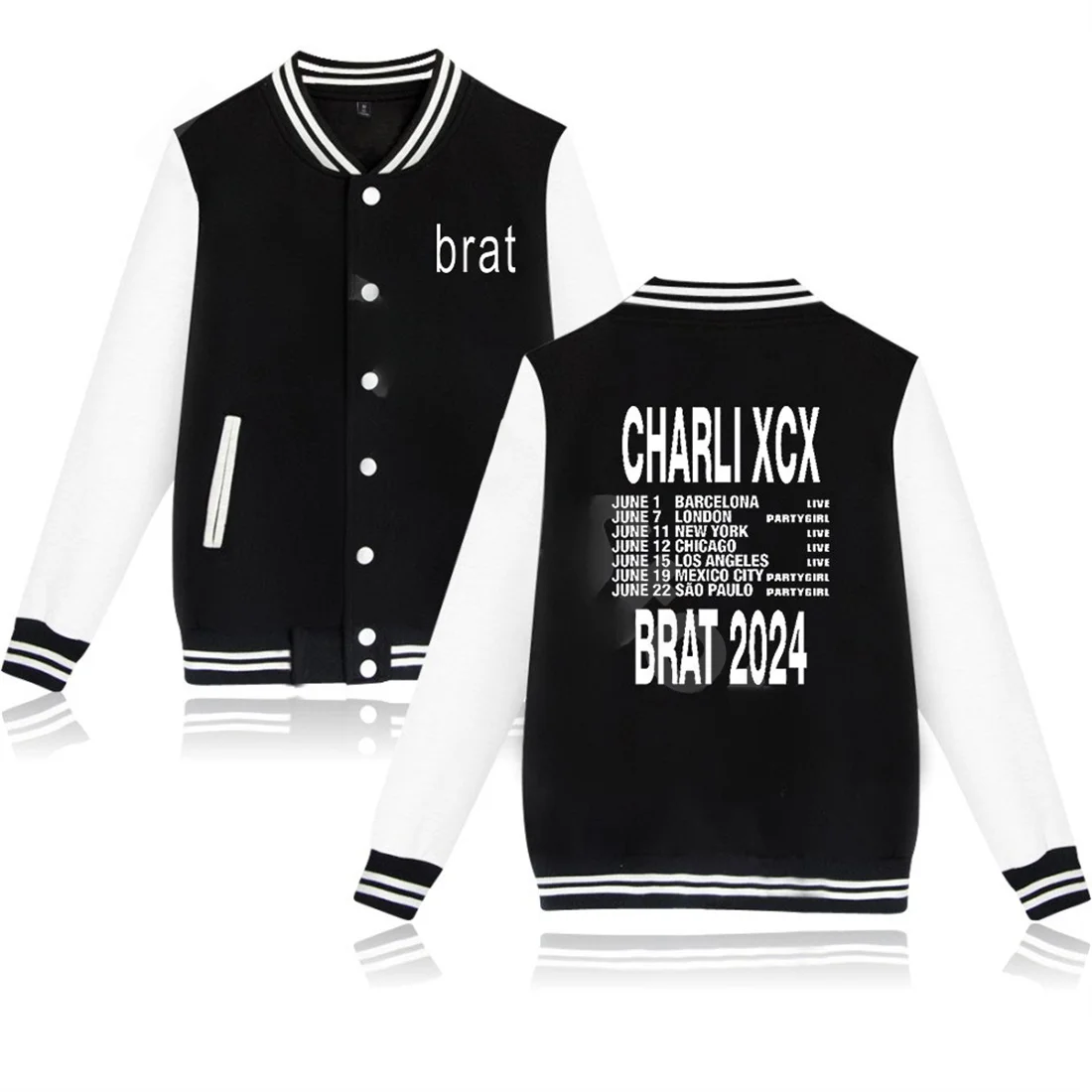 

Charli XCX Brat Tour Baseball Jacket Women Men Bomber Jacket Outerwear Streetwear Hip Hop Baseball Uniform Casual Sportswear