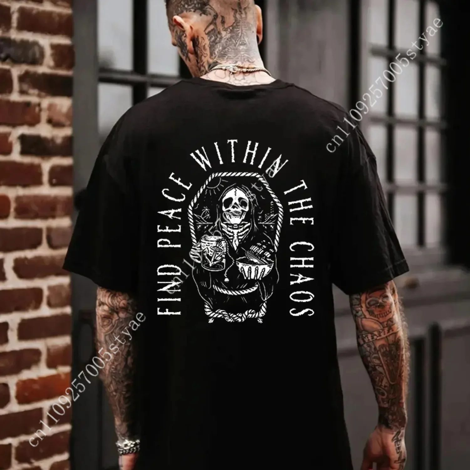 Camiseta FIND PEACE WITHIN THE CHAOS SKull, camiseta de algodón para hombre, moda unisex, tela suave, manga corta, corte regular,