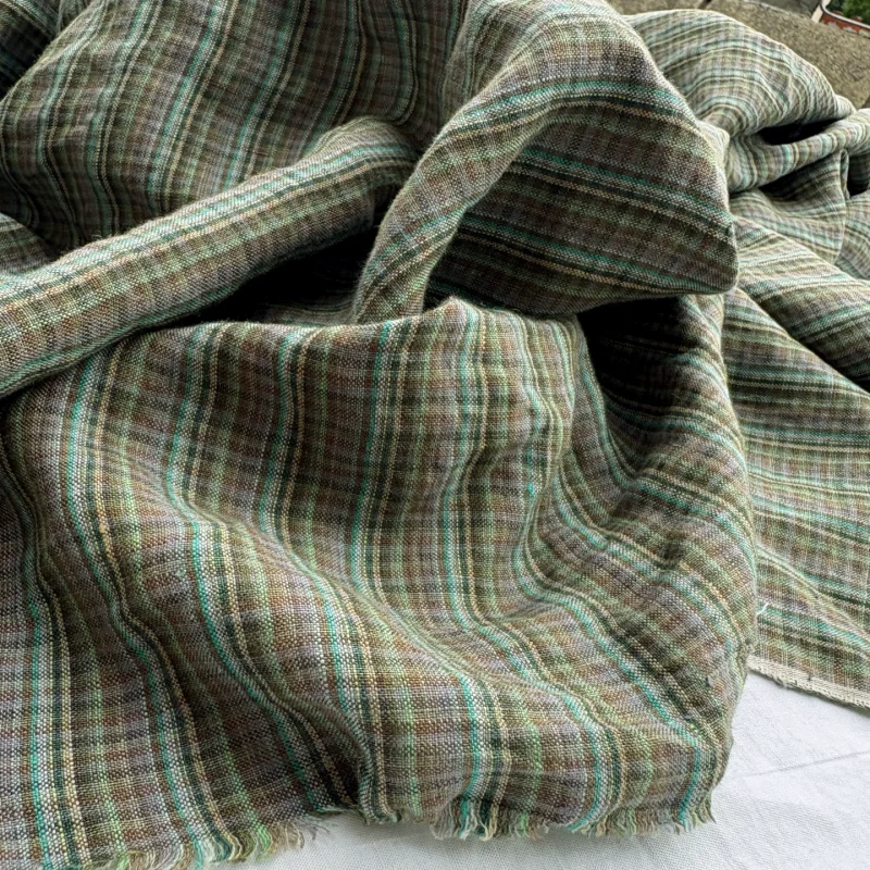 Fermented and dyed pure linen, moss, green striped fabric, suitable for clothing sewing and DIY fabric use