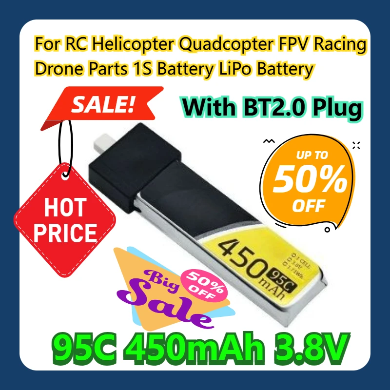 

For RC Helicopter Quadcopter FPV Racing Drone Parts 1S Battery 95C 450mAh 3.8V LiPo Battery With BT2.0 Plug